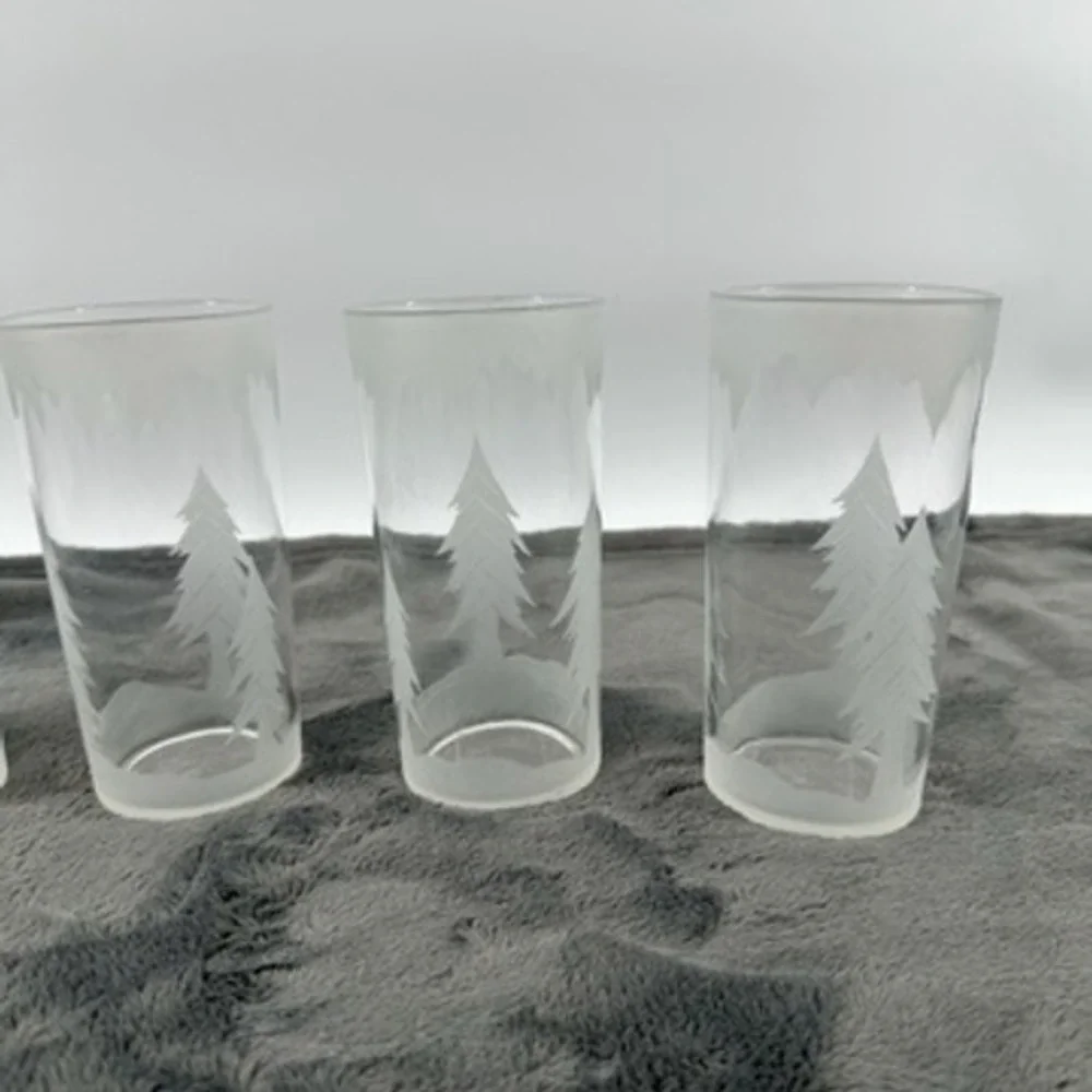 Mid Century Federal Frosted Pine Tree Glasses Set of 5 Highball Glasses Tumblers